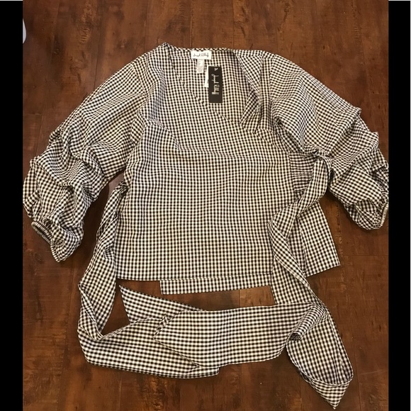NEW Joseph Ribkoff Black/White Gingham Print Ruched Sleeve Wrap Top - Picture 11 of 12